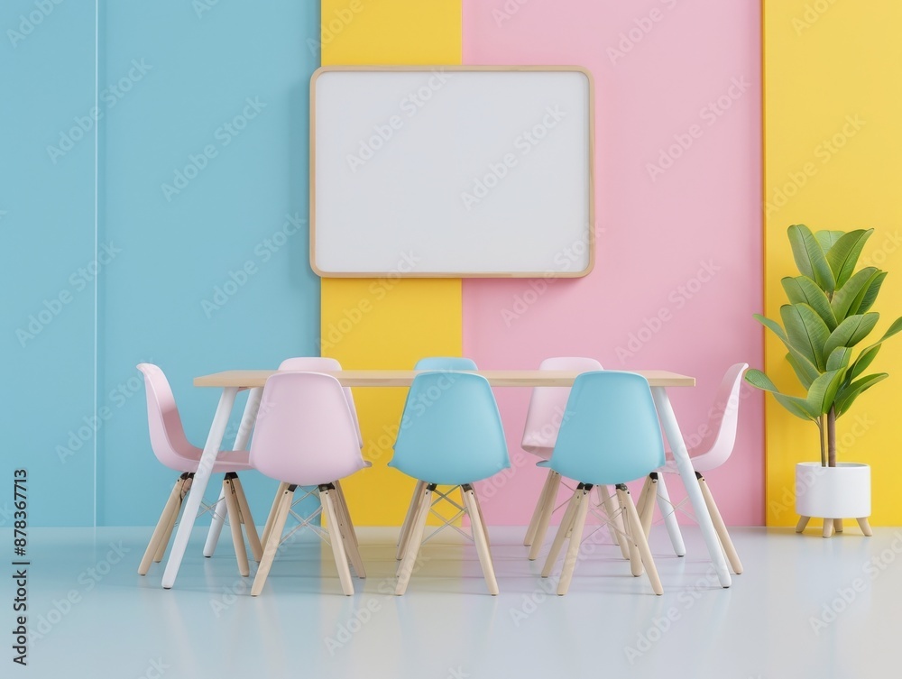 A bright and colorful dining room with a blank canvas for display. Perfect for showcasing your designs or ideas. A bright and colorful dining room with a blank canvas for display. Perfect for showcasing your designs or ideas.