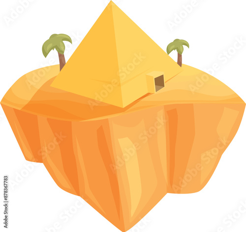 Cartoon desert island floating in the air, with a pyramid, palm trees and sand