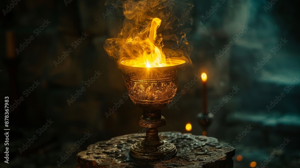 A burning chalice with smoke rising in a dark, mystical setting. A burning chalice with smoke rising in a dark, mystical setting.