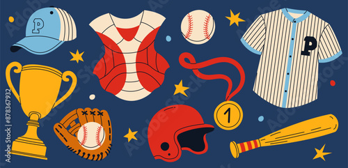 Collection of baseball equipment and clothes. Uniform, glove, helmet, cap, bat, ball and awards isolated on dark background.