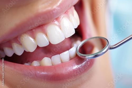 A macro view of a dental examination focusing on a patient's teeth and gums with a dental mirror tool, highlighting dental care and health, attended by a professional dentist.