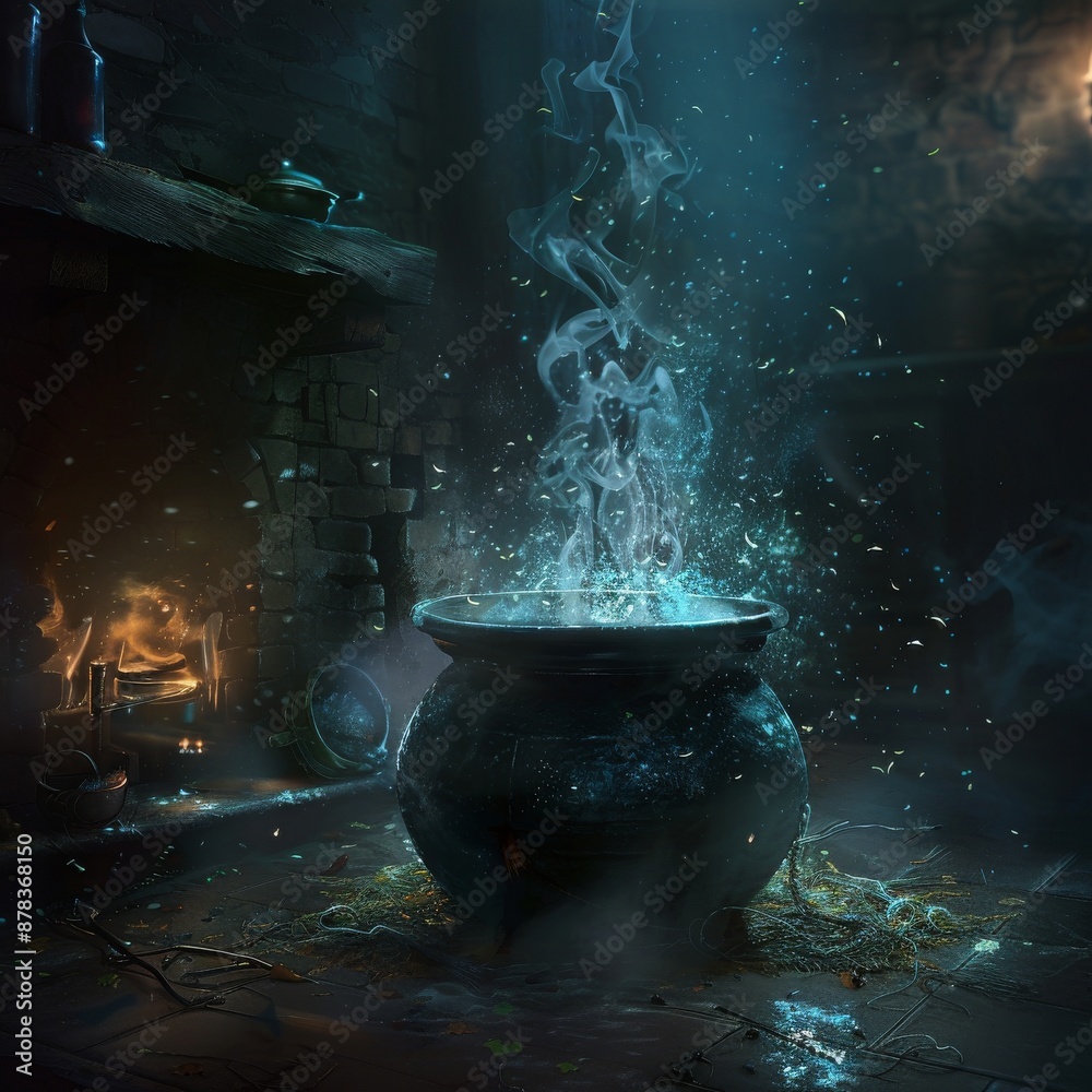 A cauldron bubbles with magical potion in a dimly lit, mysterious room. A cauldron bubbles with magical potion in a dimly lit, mysterious room.
