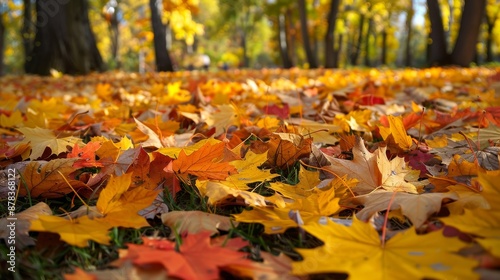A carpet of vibrant autumn leaves in shades of yellow, orange, and red cover the forest floor.