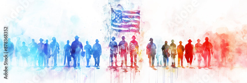 Watercolor illustration American Labor Day celebration group of workmen, colorful on USA flag background, with activity on Labor Day happy photo