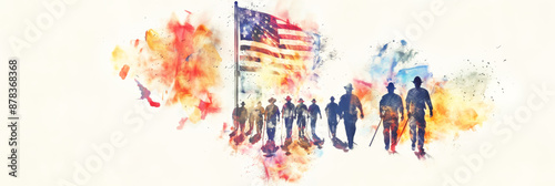 Watercolor illustration American Labor Day celebration group of workmen, colorful on USA flag background, with activity on Labor Day happy photo