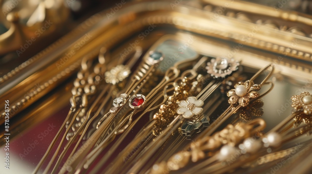 A close-up of a collection of ornate hair pins with various decorations, including pearls and flowers. A close-up of a collection of ornate hair pins with various decorations, including pearls and flowers.