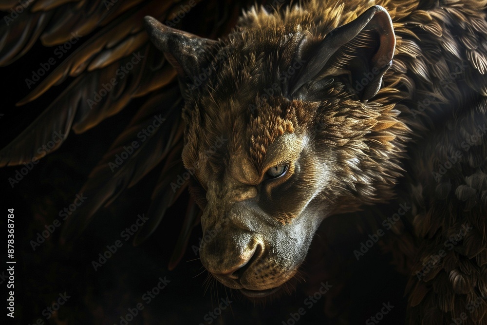 A detailed close-up of a mythical creature with fur and feathers in a dark background A detailed close-up of a mythical creature with fur and feathers in a dark background