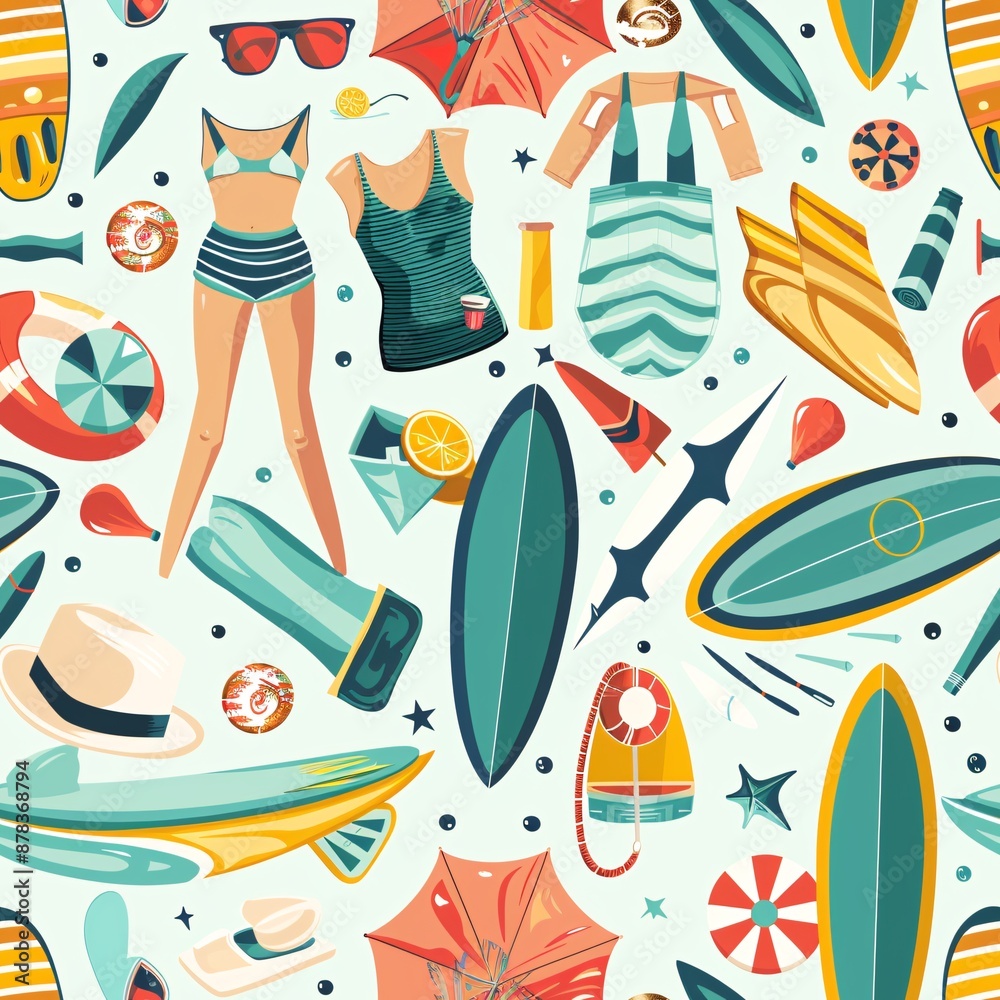 A seamless pattern displaying various summer essentials such as swimwear, surfboards, and beach umbrellas in a cheerful arrangement