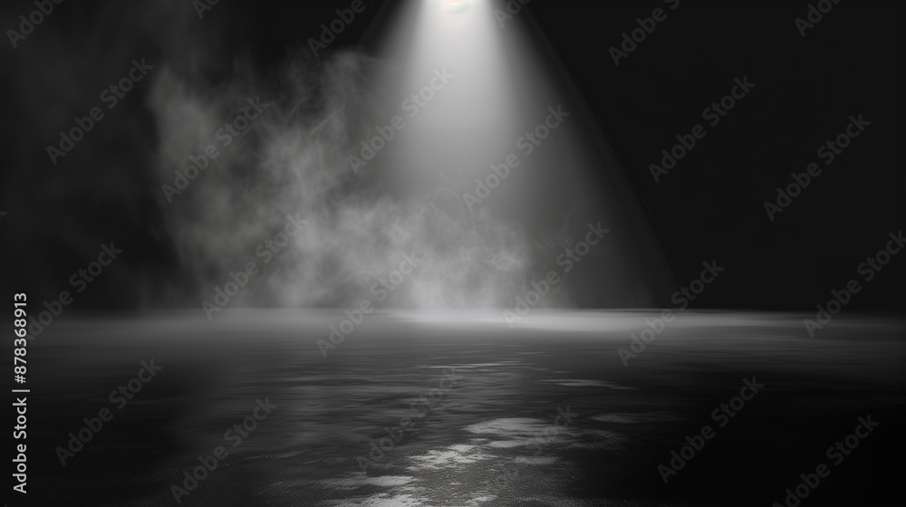 A dark room with a light shining on a foggy area. Scene is mysterious and eerie A dark room with a light shining on a foggy area. Scene is mysterious and eerie