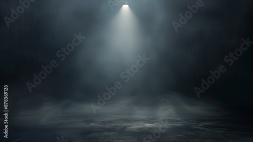 A dark room with a light shining on a foggy area. Scene is mysterious and eerie