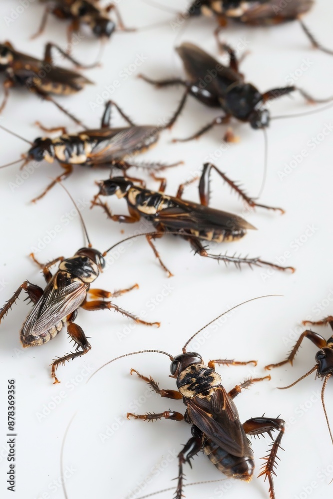 A close-up of several brown roaches on a white background. A close-up of several brown roaches on a white background.