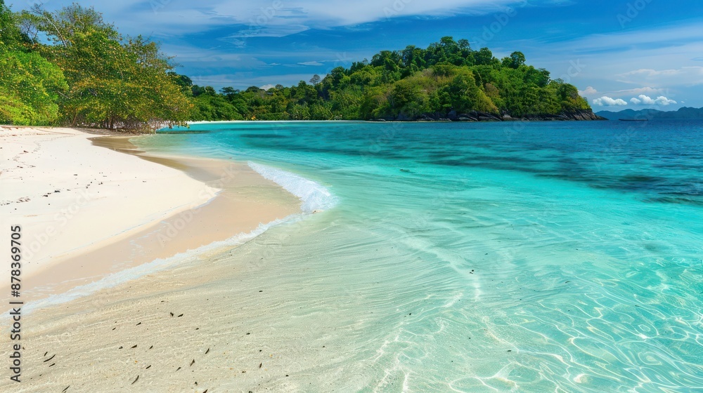Pristine tropical beach with fine white sand and a lush island in the background, surrounded by turquoise waters Pristine tropical beach with fine white sand and a lush island in the background, surrounded by turquoise waters