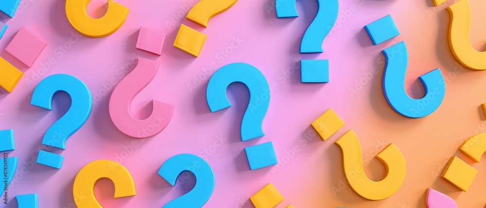 A colorful array of questions are scattered across a pink and orange background A colorful array of questions are scattered across a pink and orange background