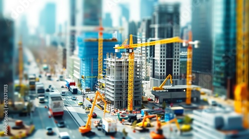 Construction of a luxury hotel in a city center, workers and cranes, urban environment with busy streets
