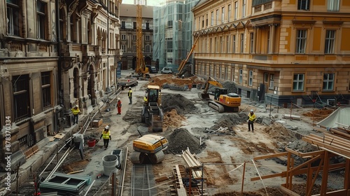Construction site in a historic town square with workers renovating old buildings, mix of modern equipment and classic architecture