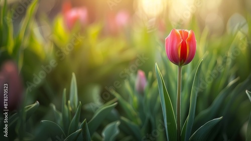 A close-up of a single, vibrant tulip in a spring garden