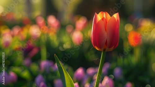 A close-up of a single, vibrant tulip in a spring garden