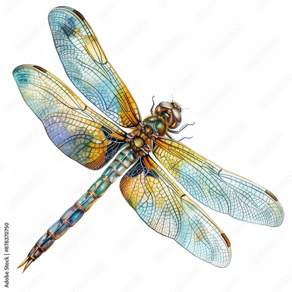 A colorful dragonfly with intricate wing patterns isolated on a white background. A colorful dragonfly with intricate wing patterns isolated on a white background.