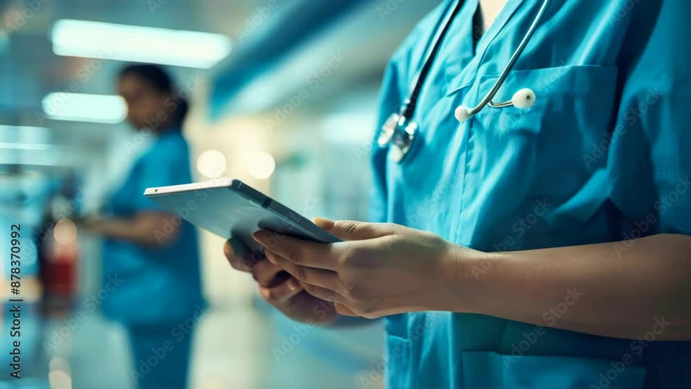 Close up of a female doctor or nurse using a digital tablet in a hospital Close up of a female doctor or nurse using a digital tablet in a hospital