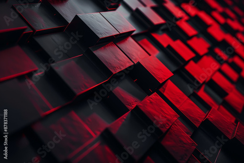 black and red abstract 3D background with squares, textured geometric backdrop, abstract textured blocks. Geometric shapes overlap creating harmonious abstract composition. photo