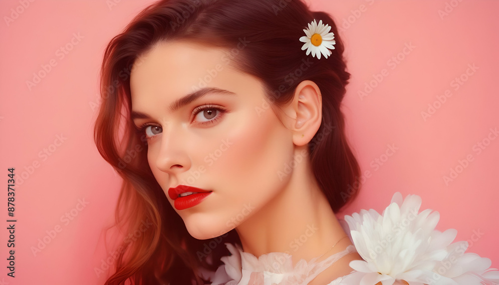 Elegant Woman with Brown Hair and White Daisy: Stylish Portrait in Off-Shoulder Top with Chrysanthemum Detail on Pink Background Elegant Woman with Brown Hair and White Daisy: Stylish Portrait in Off-Shoulder Top with Chrysanthemum Detail on Pink Background