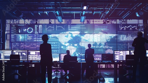 Silhouette of a logistics team analyzing data on large screens, high-tech office environment