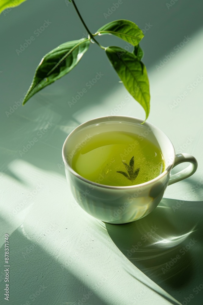 A cup of green tea with a sprig of leaves on a light green background. The tea is steaming and the light is shining through the leaves. A cup of green tea with a sprig of leaves on a light green background. The tea is steaming and the light is shining through the leaves.