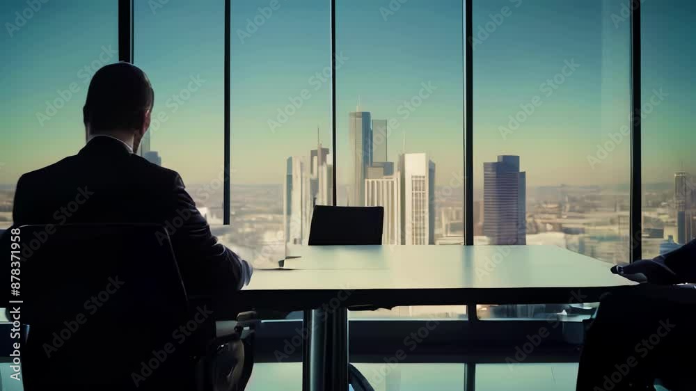 Three business professionals in a modern office with a cityscape view, engaged in a meeting, representing corporate strategy, teamwork, and leadership. Three business professionals in a modern office with a cityscape view, engaged in a meeting, representing corporate strategy, teamwork, and leadership.
