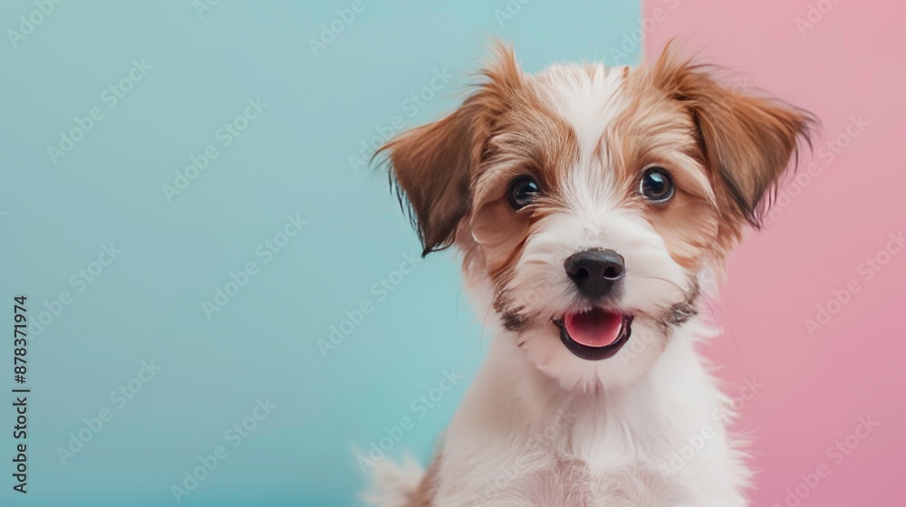 A cute puppy with brown and white fur looks directly at the camera with a happy expression against a blue and pink background. A cute puppy with brown and white fur looks directly at the camera with a happy expression against a blue and pink background.