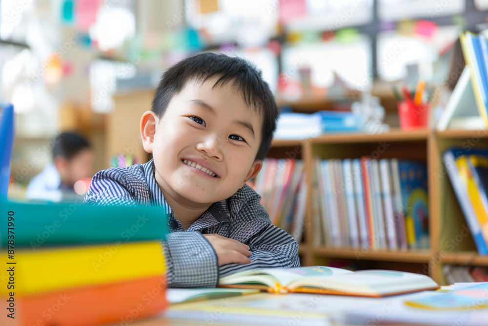 smiling asian boy with down syndrome in library smiling asian boy with down syndrome in library