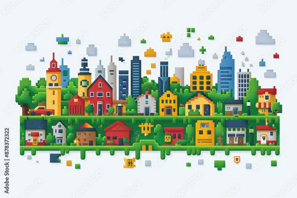 Fototapeta premium Colorful pixel art cityscape featuring various buildings, trees, and whimsical elements under a cloudy sky, showcasing urban creativity.