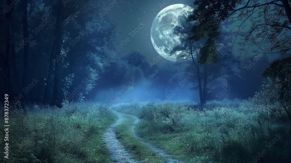 Fototapeta premium Enchanting Moonlit Forest Pathway Under Starry Night Sky