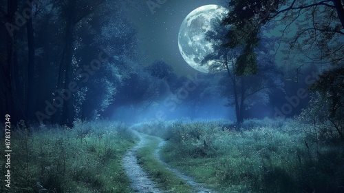 Enchanting Moonlit Forest Pathway Under Starry Night Sky
