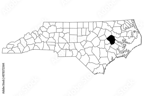 Map of Pitt County in North Carolina state on white background. single County map highlighted by black color on North Carolina map. UNITED STATES, US