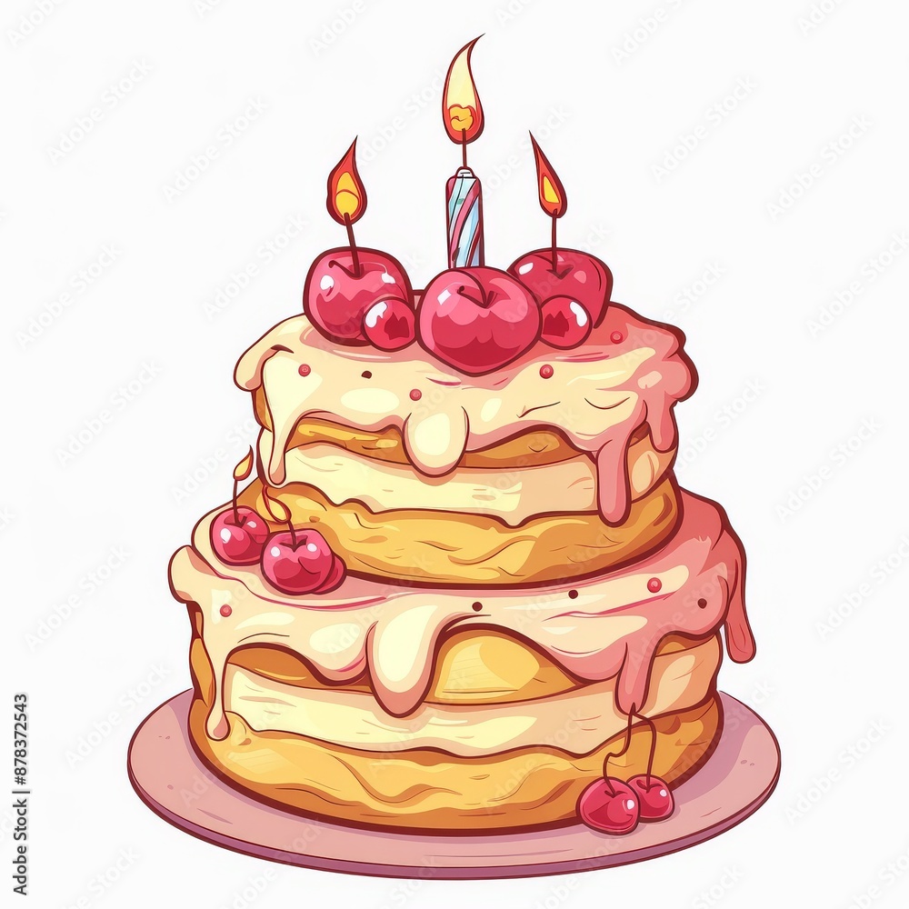 A delicious two-tiered birthday cake with cherries and candles. A delicious two-tiered birthday cake with cherries and candles.