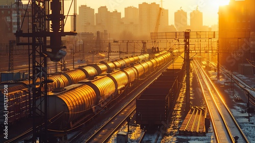 Silhouette of a train station with freight cars being loaded, cityscape in the background, golden hour