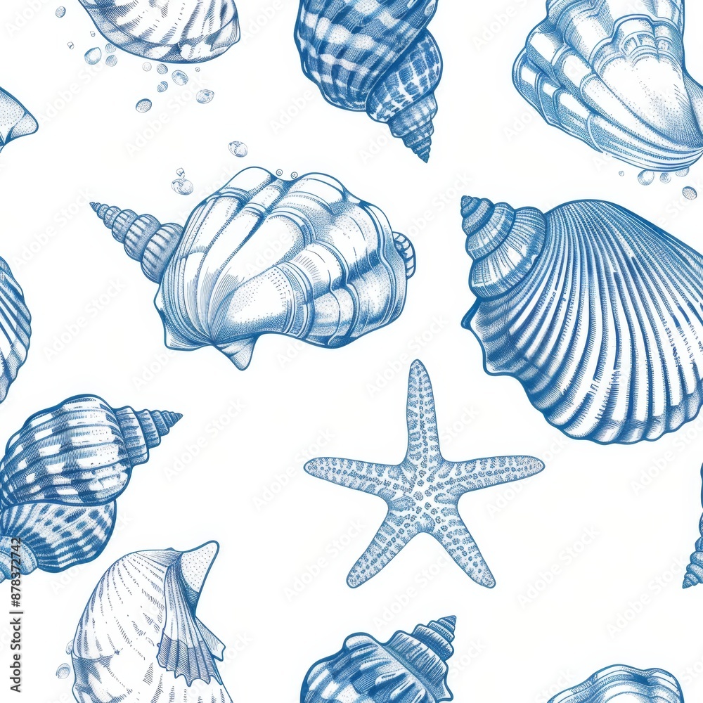 Seamless Pattern of Sketched Marine Shells and Starfish Seamless Pattern of Sketched Marine Shells and Starfish