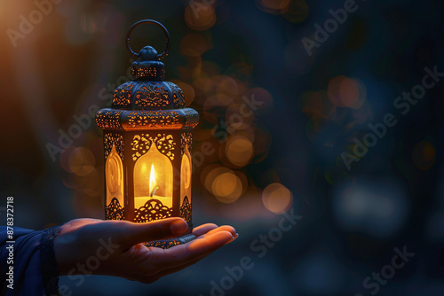 Ornate lantern with a burning candle held in a hand, warm light, dark night setting, tranquil and atmospheric
