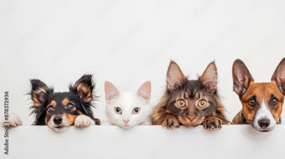 A dog, a cat, a cat, and a dog peek over a white surface. A dog, a cat, a cat, and a dog peek over a white surface.