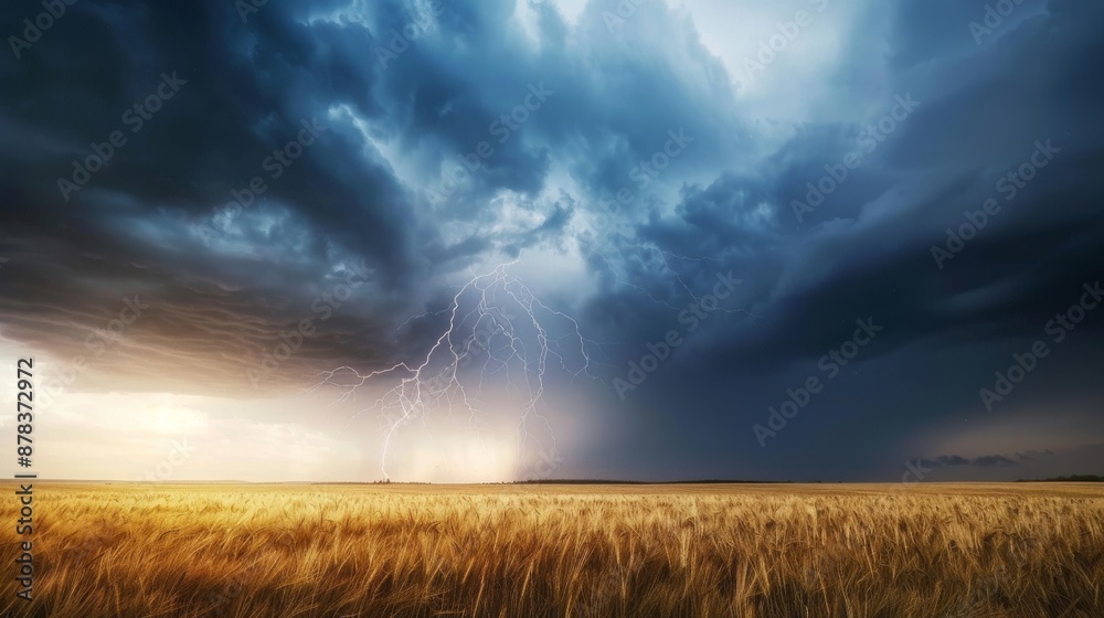 A dramatic lightning strike illuminates a field of golden wheat under a stormy sky. A dramatic lightning strike illuminates a field of golden wheat under a stormy sky.