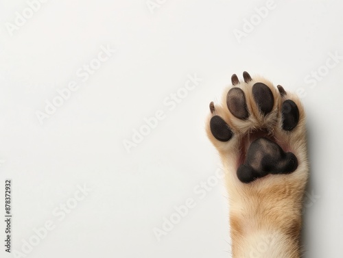 A dog's paw with black pads and sharp claws, isolated on white background. Paw print with copy space.