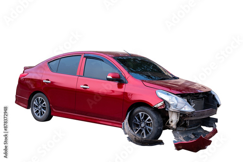 Car crash, Full body front and side view of red car get damaged by accident on the road. damaged cars after collision. Isolated on transparent background, car crash broken, PNG File