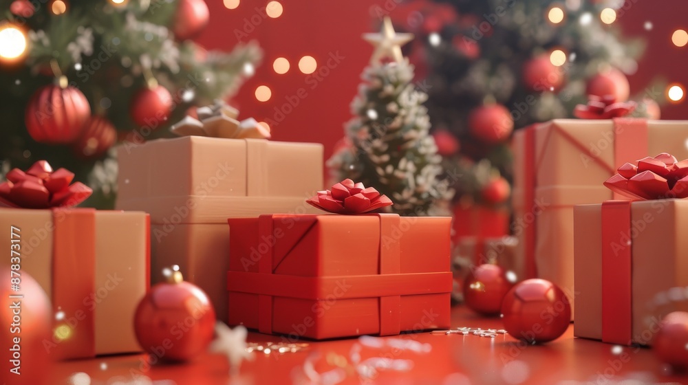 A festive arrangement of wrapped gifts with red ribbons and ornaments, illuminated by twinkling lights. A small Christmas tree sits atop the presents, adding a touch of magic. A festive arrangement of wrapped gifts with red ribbons and ornaments, illuminated by twinkling lights. A small Christmas tree sits atop the presents, adding a touch of magic.
