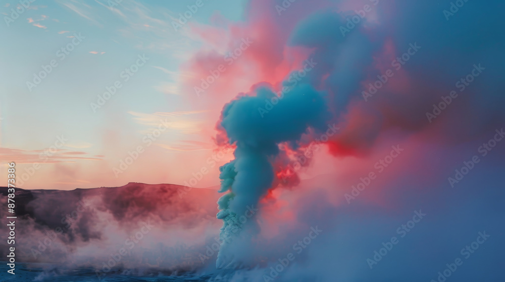 Obraz premium A large cloud of smoke is rising from a volcano, with a beautiful blue