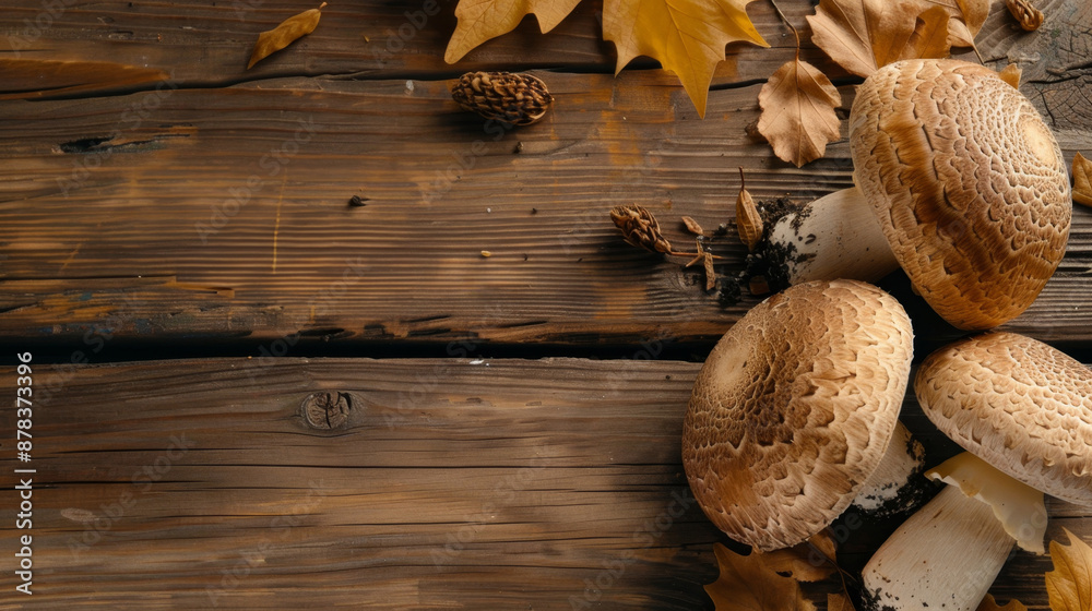 Autumn Harvest Fresh Mushrooms and Fallen Leaves on Wooden Table Autumn Harvest Fresh Mushrooms and Fallen Leaves on Wooden Table