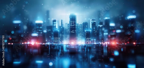 A futuristic cityscape filled with skyscrapers and digital billboards advertising products and services