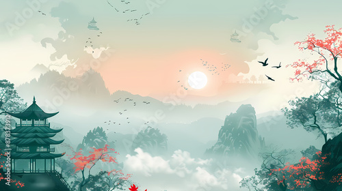 Serene landscape with traditional pagoda and misty mountains at sunrise, surrounded by blooming cherry blossoms.