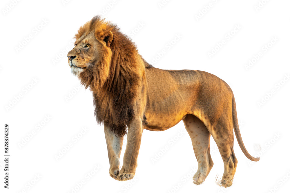 Obraz premium Majestic lions stand tall and proud on the savannah. with the sun setting behind the horizon Isolated on white background.
