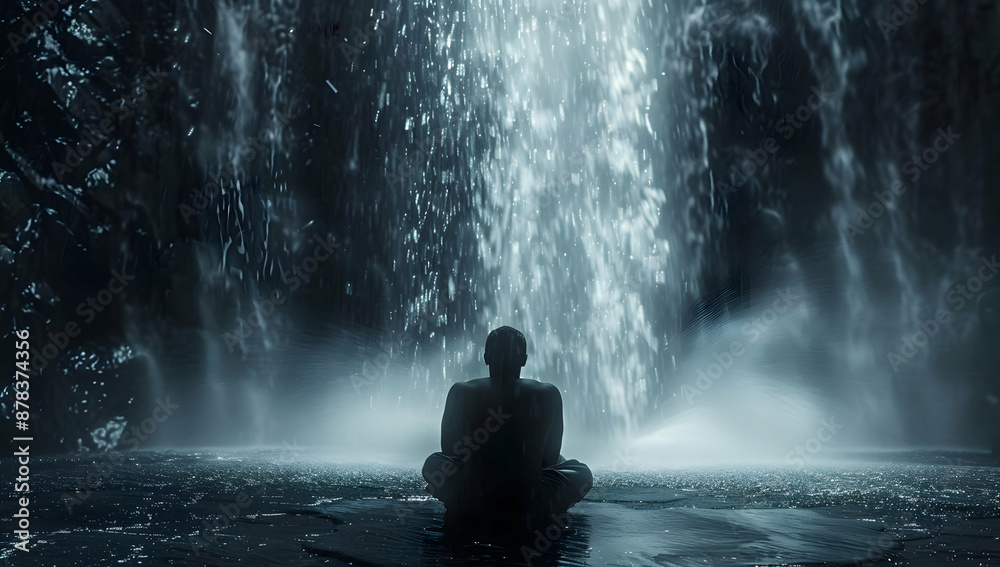 A person meditates in stillness in front of a majestic waterfall, embracing the serenity and power of nature in a tranquil setting. A person meditates in stillness in front of a majestic waterfall, embracing the serenity and power of nature in a tranquil setting.