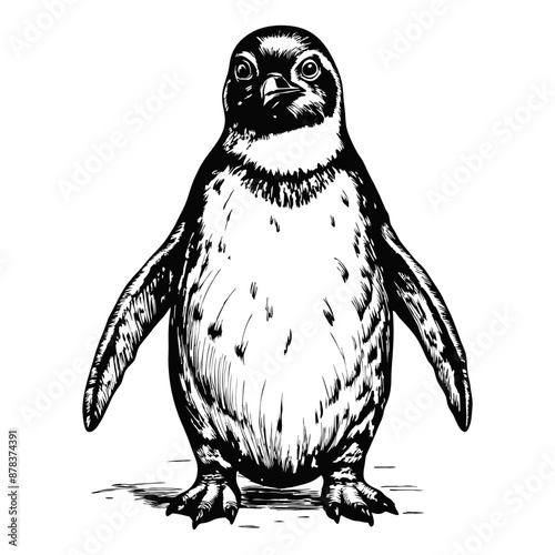 Sketch of a standing penguin, front view, on a white background